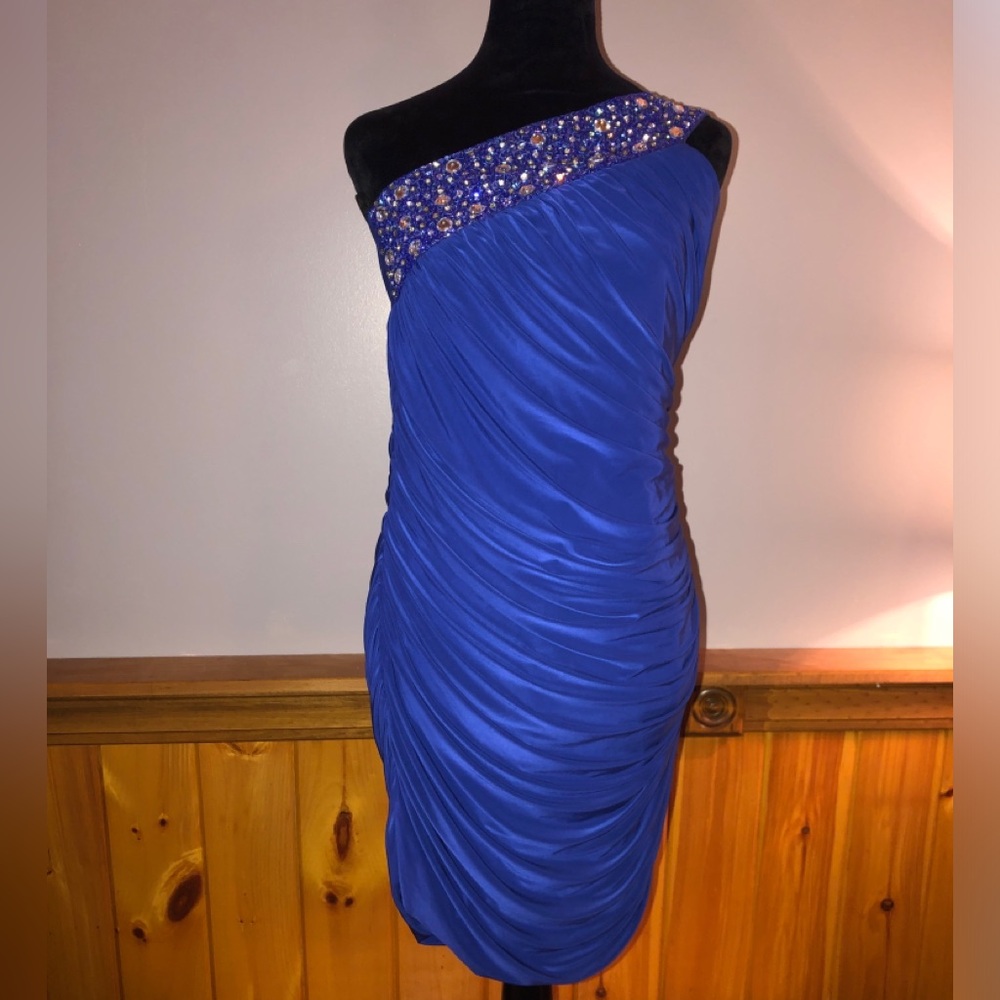 Go Jane Women's 3XL Blue Gems One Shoulder Ruched Fitted Dress- see other info
